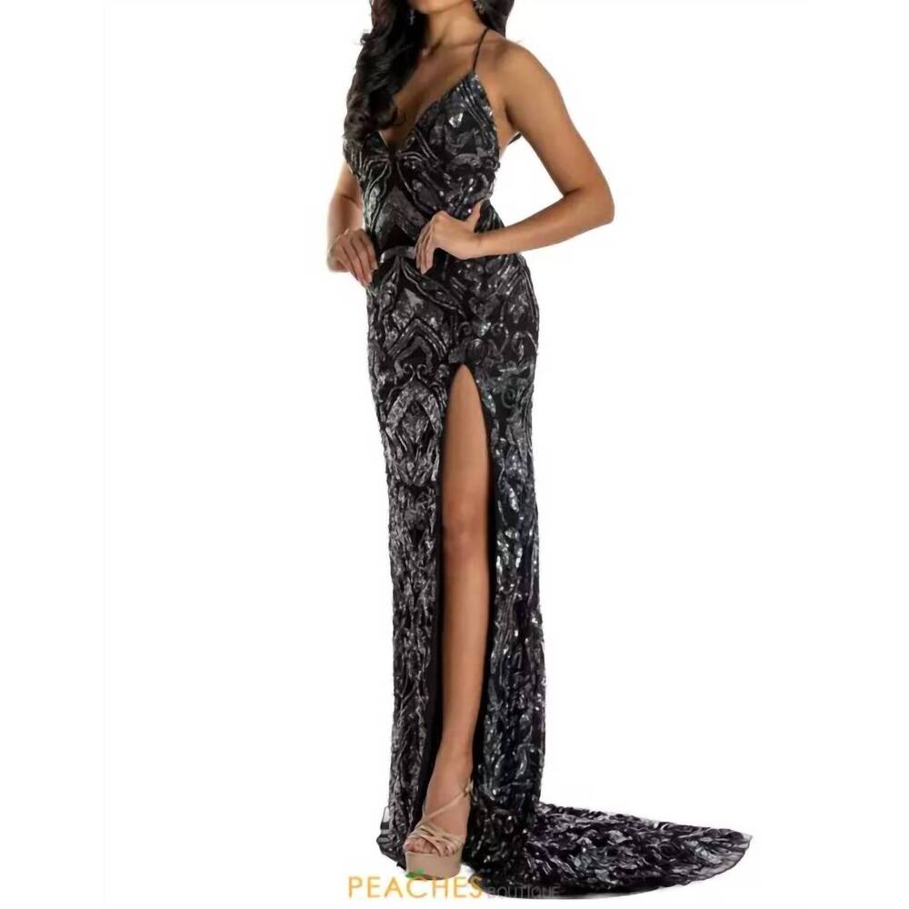 NEW JASZ COUTURE v-neck long gown in black/gunmetal